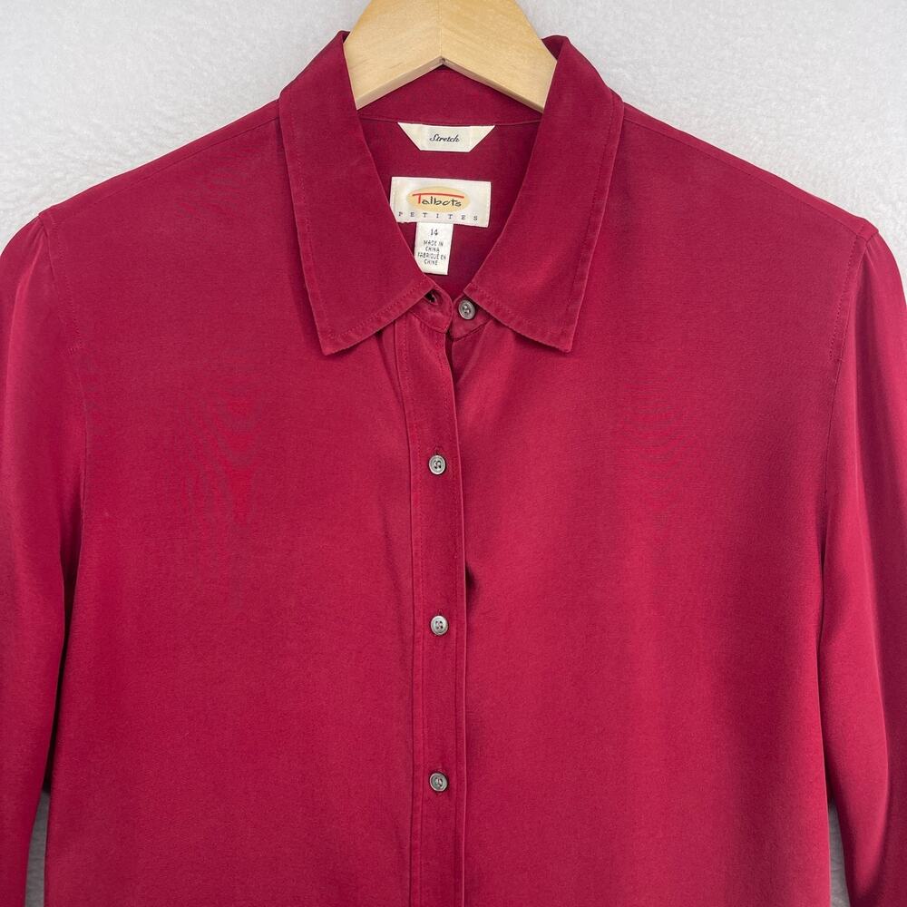 TALBOTS Top 14 Petite Stretch Silk Shirt Blouse Button Up Long Sleeve Red Vtg - Picture 4 of 11